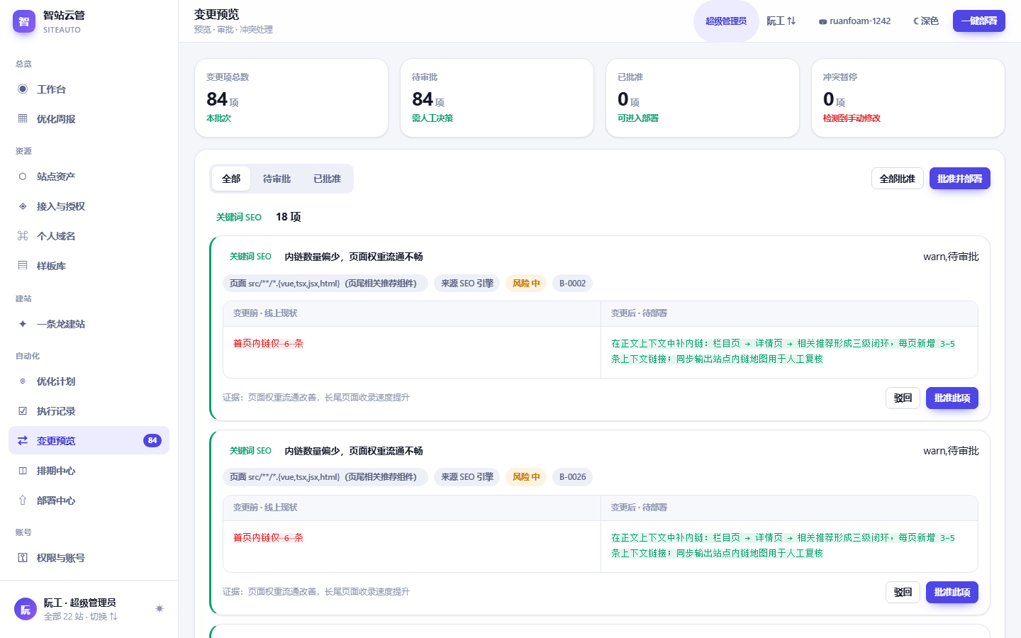 智站云管 SiteAuto 控制台真实界面截图：变更预览与逐项审批